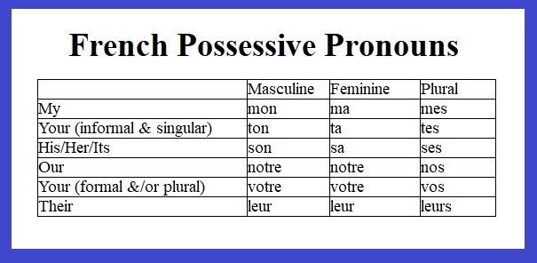 French Possessive Pronouns My - Mon, Ma, Mes/Your - Ton, Ta, Tes/His, Her, Its - Son, Sa, Ses/Our - Notre, Nos/Your (formal &/or plural) - Votre, Vos/Their - Leur, Leurs